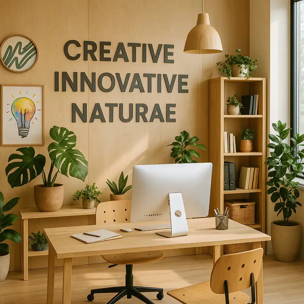 دفتر کار مدرن با میز و صندلی چوبی مینیمال، دیوارپوش چوبی و نوشتههای Creative, Innovative, Naturae، همراه با گیاهان آپارتمانی سبز برای القای حس خلاقیت، نوآوری و ارتباط با طبیعت