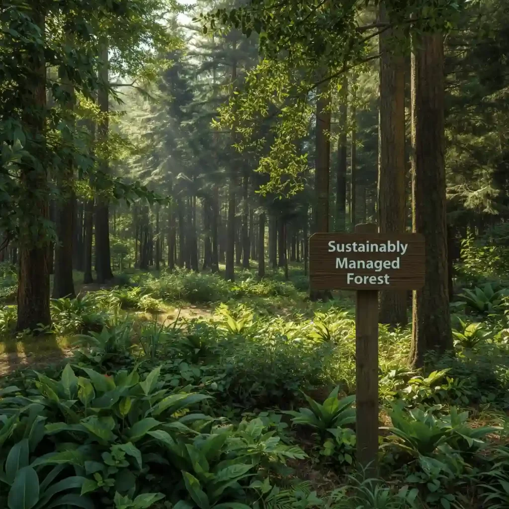 جنگل سبز و شاداب با نور خورشید، همراه با تابلوی چوبی با نوشته ‘Sustainably Managed Forest’ که نشاندهنده مدیریت مسئولانه و پایدار جنگل است