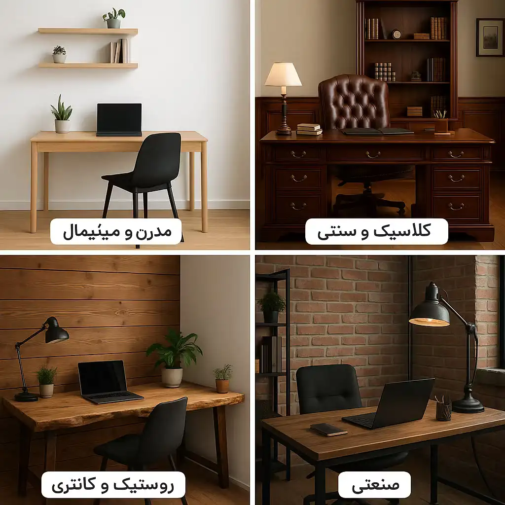 تنوع سبک های مختلف دکوراسیون چوبی در محیط کار . مثل سبک های کلاسیک و سنتی شامل میزچوبی کلاسیک ،سبک مینیمال با میزچوبی ساده و فضای روشن و تزئین گل طبیعی،سبک صنعتی با ترکیب میز چوبی و دیوارهای آجری و چراغ های فلزی،سبک روستیک با حفظ حالت طبیعی و دفرمه میزچوبی